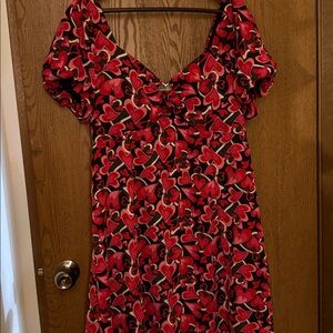 Heart Patterned Red and Black Midi Dress
